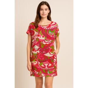 NWT Linen Luv Pink Green Abstract Print 100% Linen Shift Dress Size M